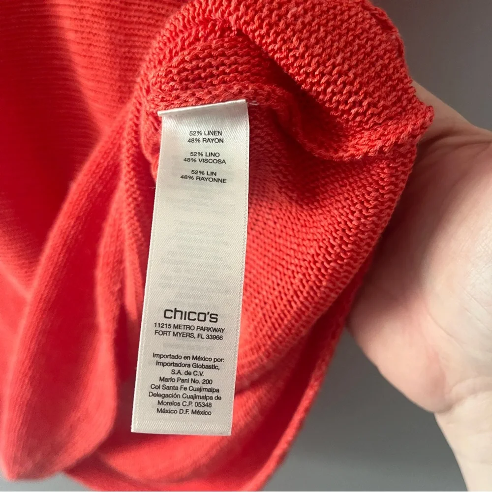 Chico's Orange Knit Top Round Neck Pullover Lightweight Colorful Linen Blend
